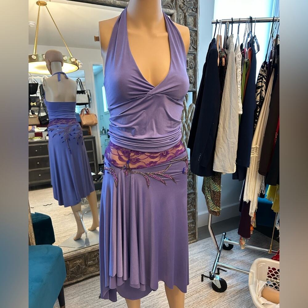 Purple women’s medium Tango halter Hand beaded lace waisted skirt